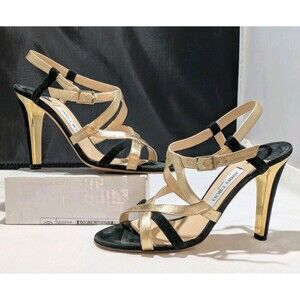 Jimmy Choo Suede Colorblock Pattern Black And Gold Sz 40 Slingback Sandals